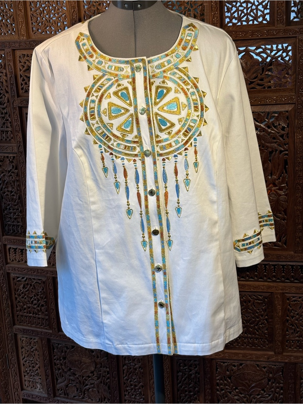Bob Mackie White Button-Down Tunic with Turquoise & Gold Embroidery